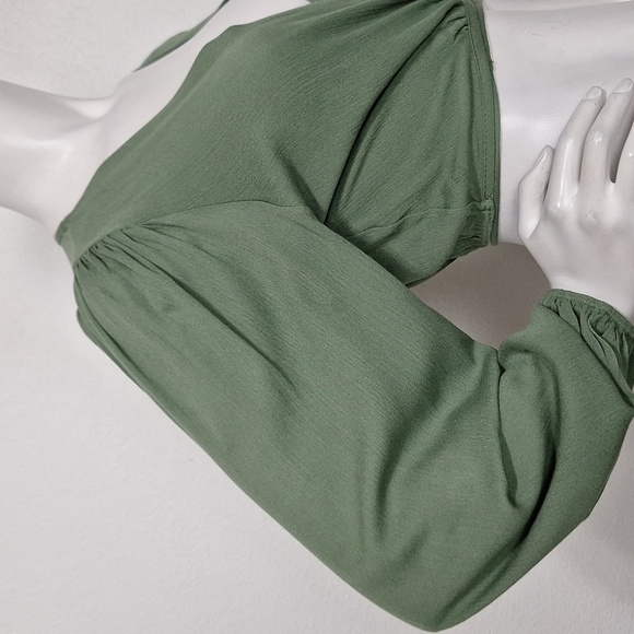 Wild Love (NEW) Retro Hippie 70's Puff Sleeves Green Tie Wrap Crop Top Size M - Picture 6 of 8